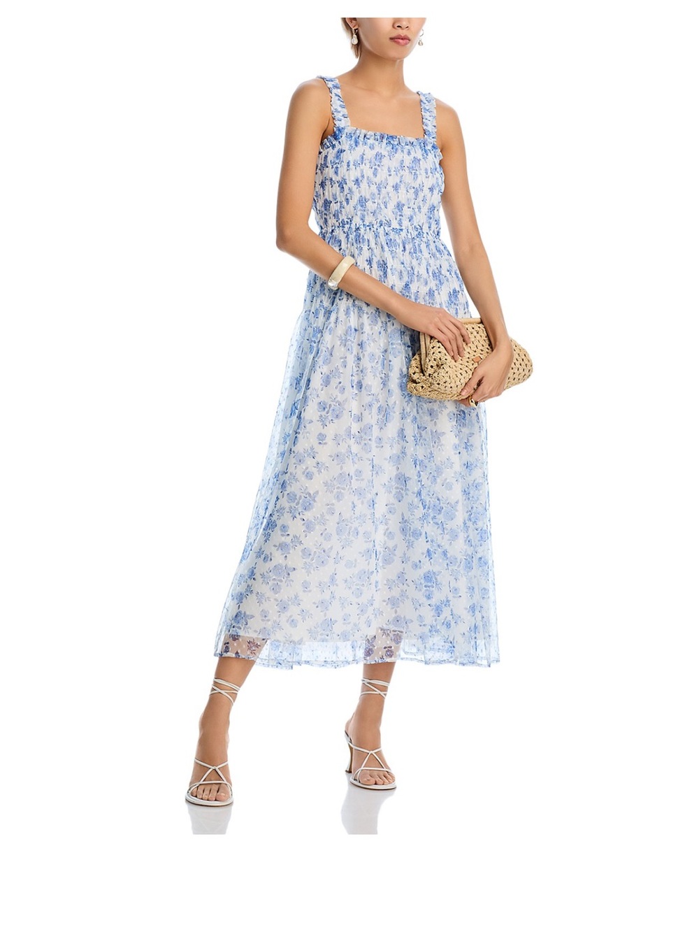 Aqua Blue Floral Square-Neck Midi Dress